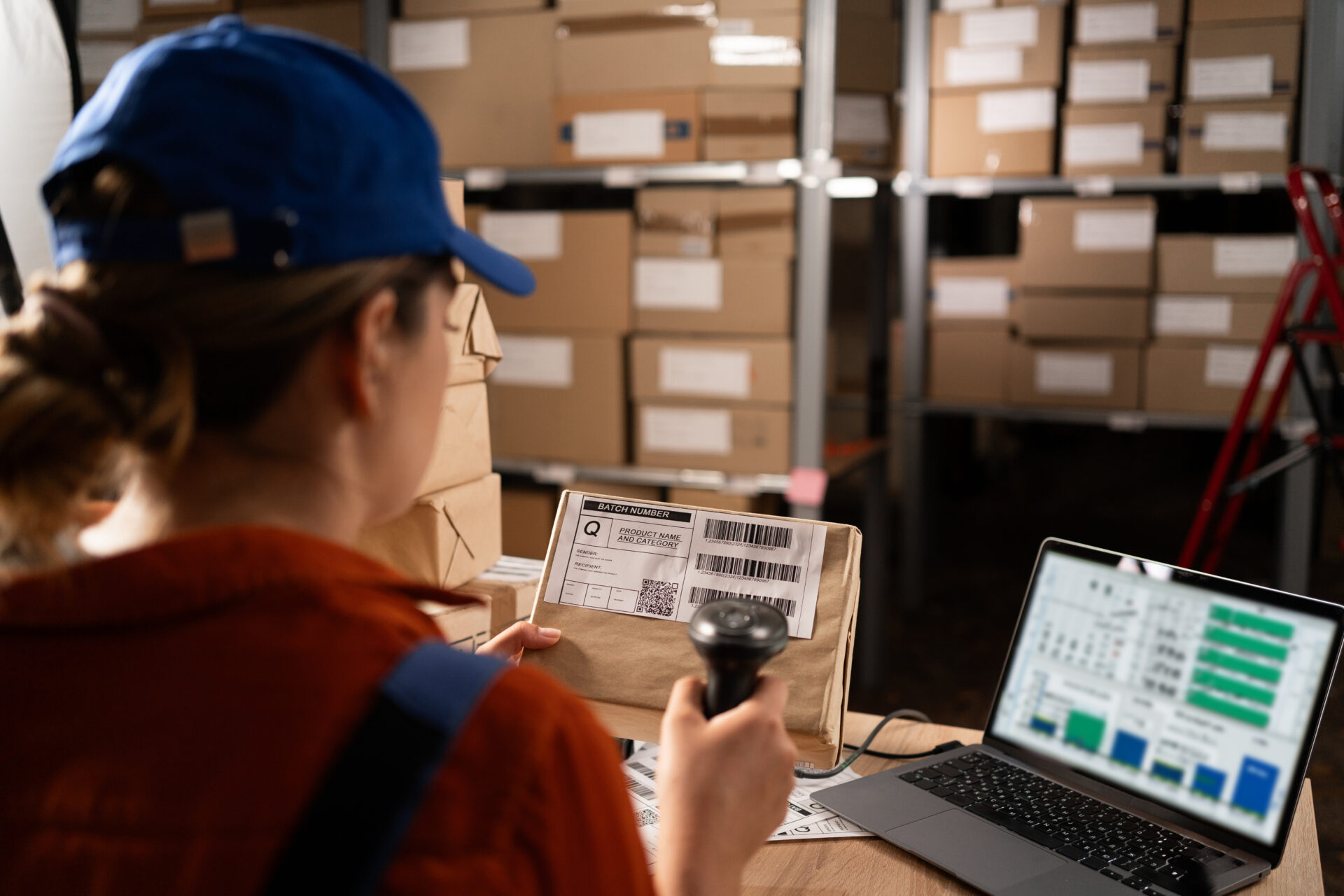 over-the-shoulder view of a woman working in a warehouse setting, using a barcode label scanner and laptop computer